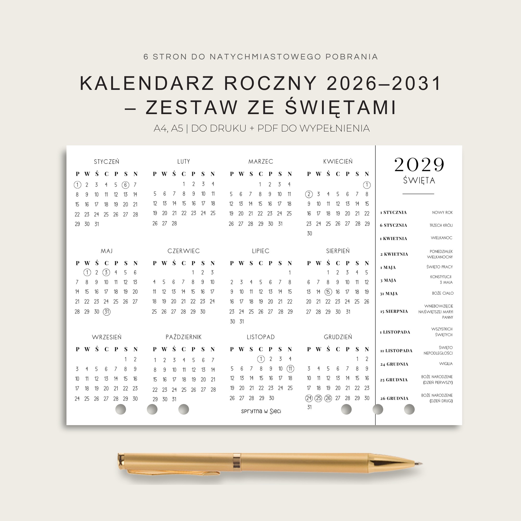 KALENDARZ ROCZNY 2026-2031 ZESTAW ZE ŚWIĘTAMI